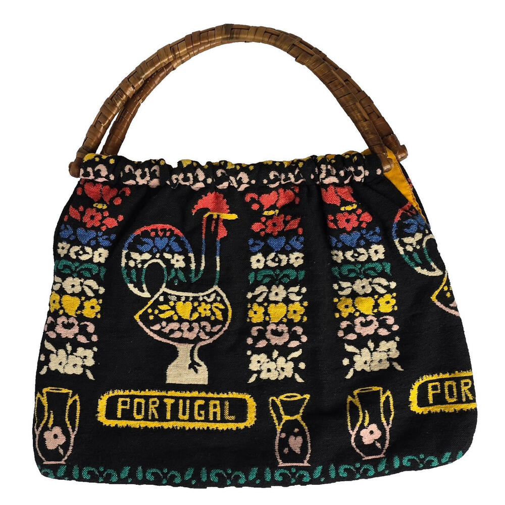 Vintage Handbag Rooster Flowers Vases Word‎ "Portugal" In Pattern
